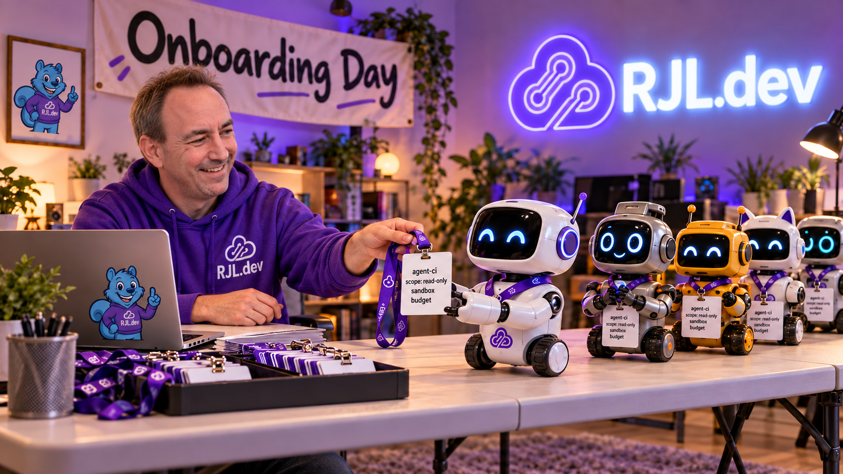 A developer hands lanyard badges reading agent-ci, scope: read-only, sandbox, and budget to a line of small robots under an Onboarding Day banner