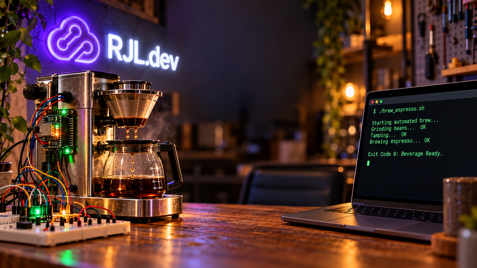 A coffee maker wired to a breadboard beside a laptop running brew_espresso.sh, each step reporting OK and ending in Exit Code 0: Beverage Ready