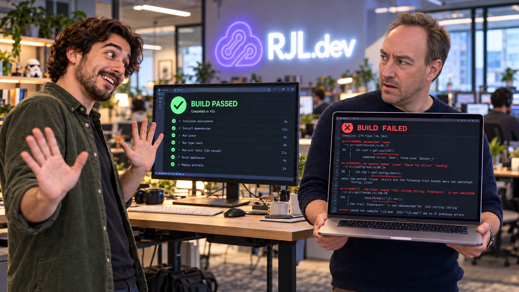 Build Passed, Build Failed Two developers in an open office: one shrugs beside a monitor reading Build Passed, the other holds a laptop reading Build Failed with Rust compiler errors