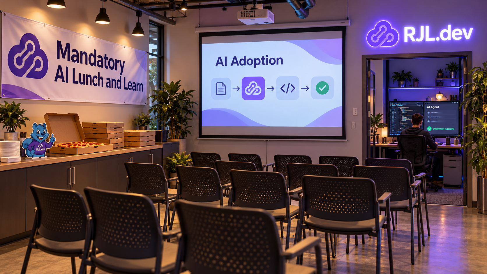 Empty AI Lunch and Learn An empty room set up for a Mandatory AI Lunch and Learn, with pizza boxes and rows of chairs, while one developer in the next room works with an AI agent