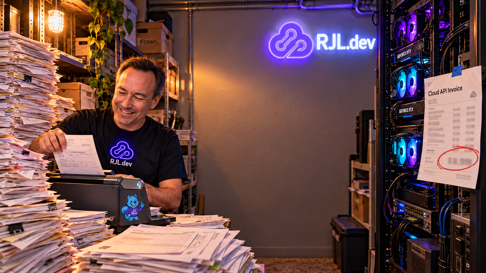 Self-Hosted Document AI A developer in a server closet feeds a mountain of paper forms into a scanner beside a self-hosted GPU rig, with a cloud API invoice circled in red