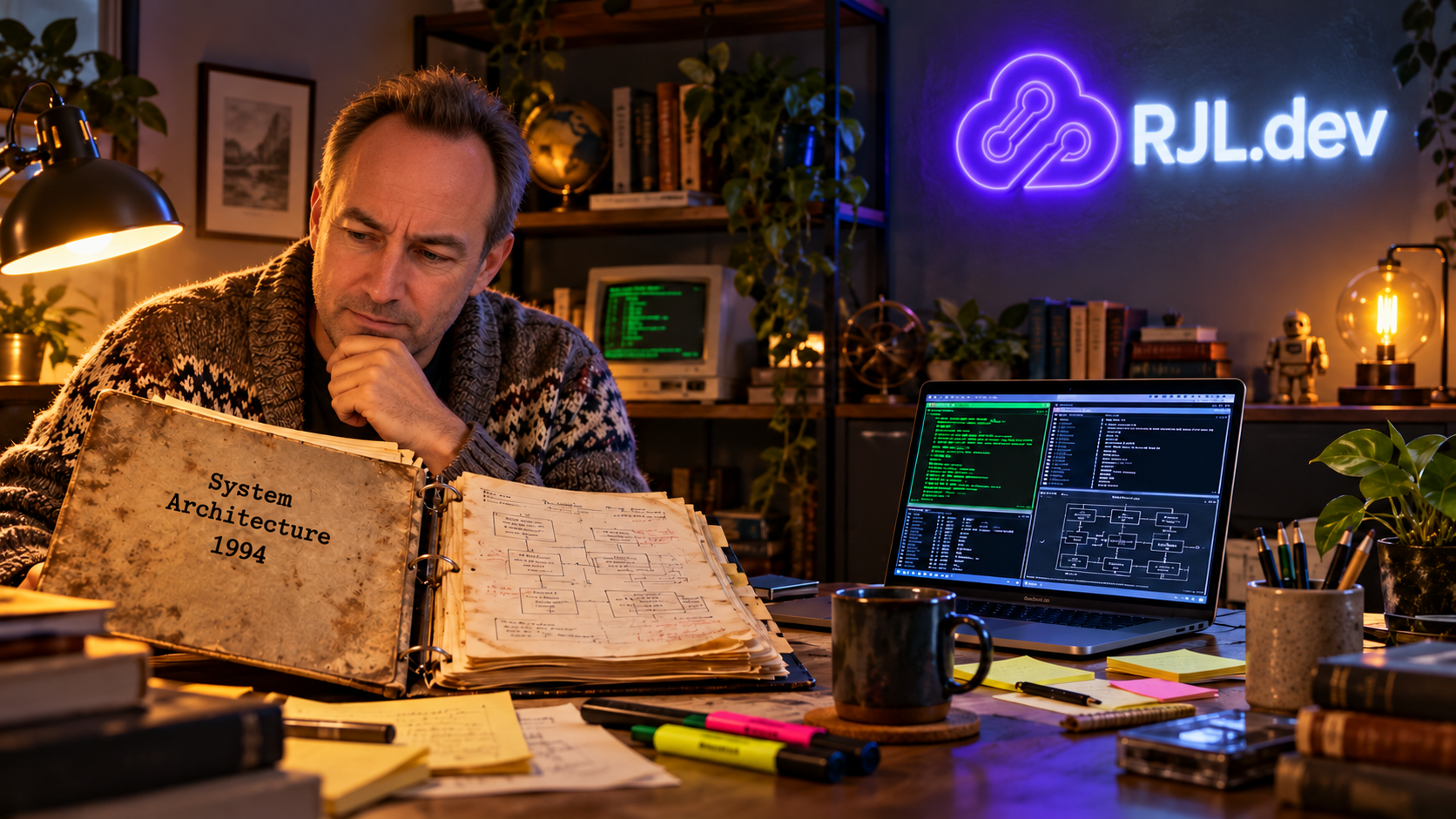 Legacy Code Archaeology A developer in a patterned cardigan studies a worn binder labeled System Architecture 1994 beside a laptop showing the diagram redrawn