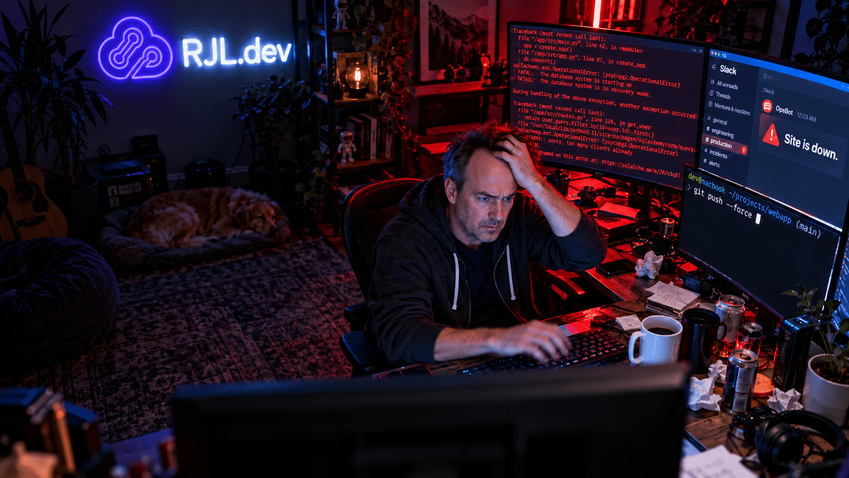 Midnight Hotfix Panic A developer clutches their head at a late-night desk as monitors show red stack traces, a Slack alert reading Site is down, and git push --force