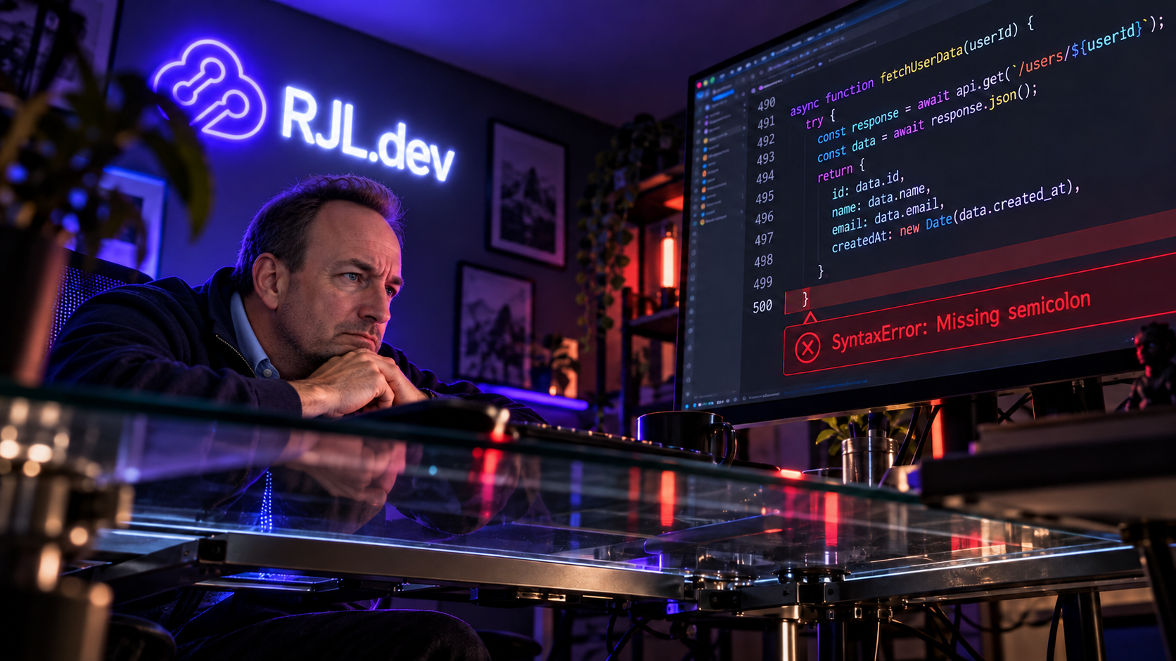 A tired developer rests their chin on their hands at a glass desk, staring at a monitor that flags SyntaxError: Missing semicolon on line 500
