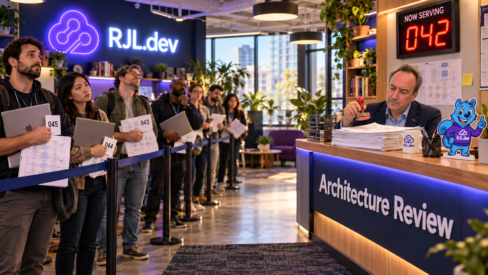 Now Serving: Architecture Review A line of developers holding design docs and numbered tickets waits at an Architecture Review counter under a Now Serving display while one reviewer stamps papers
