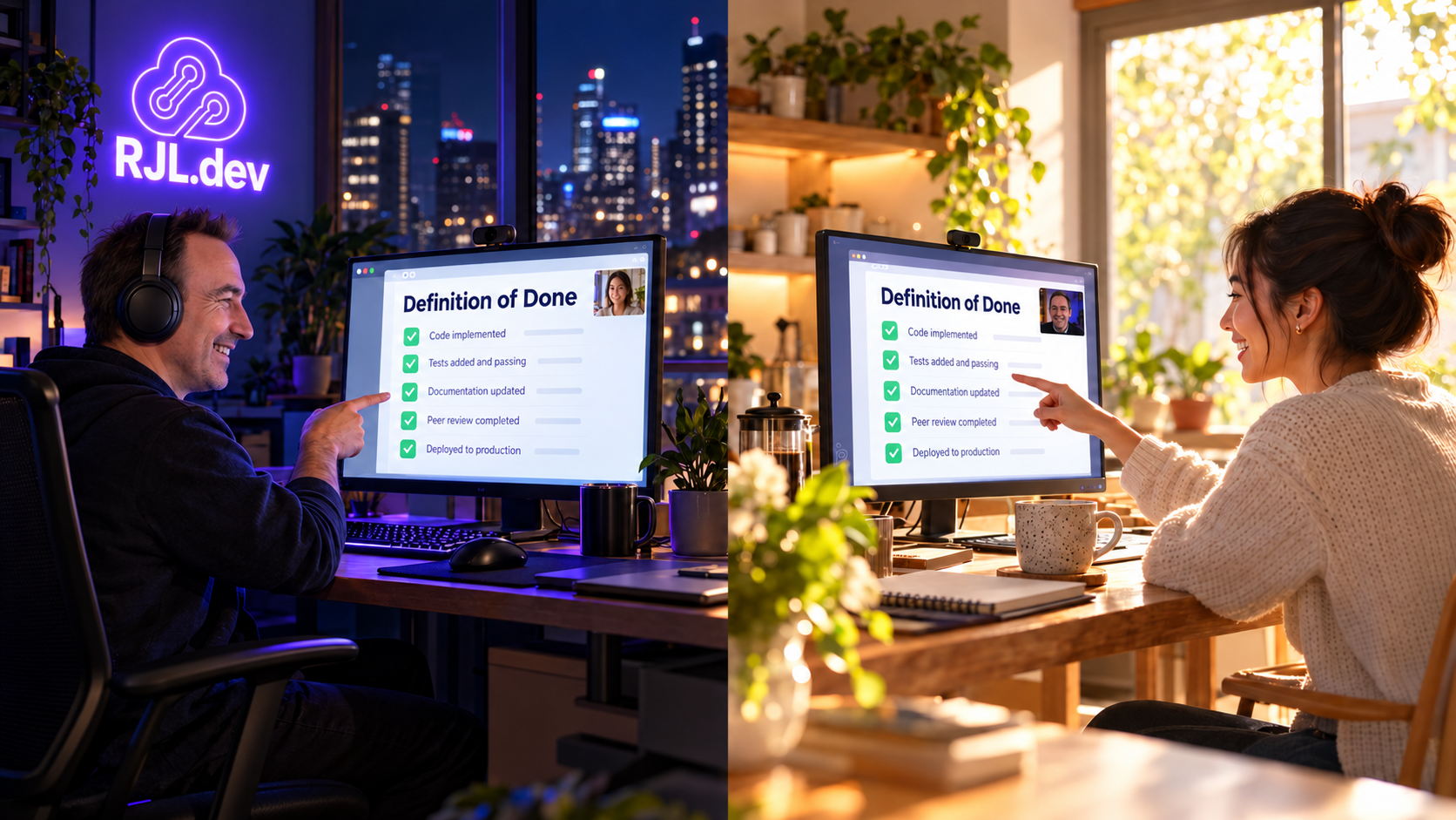 Split scene of two developers in different time zones, one at night and one in morning light, both pointing at the same Definition of Done checklist on a video call