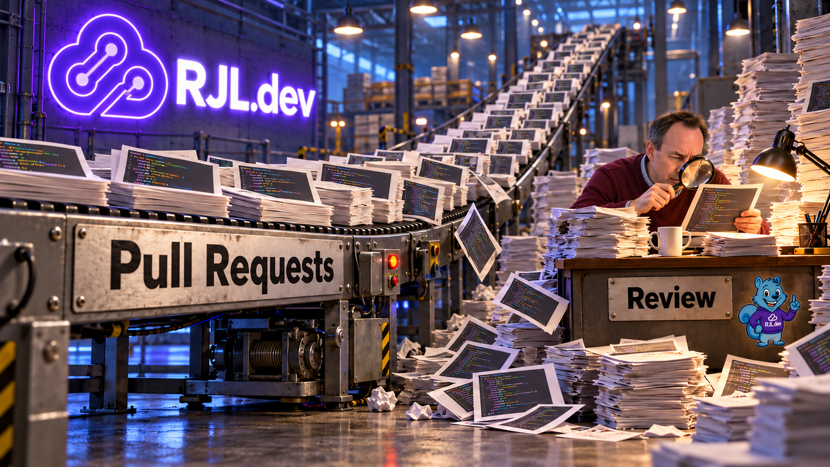 Pull Request Overflow A conveyor belt labeled Pull Requests pours printed code onto a single desk labeled Review, where a developer with a magnifying glass is buried in paper