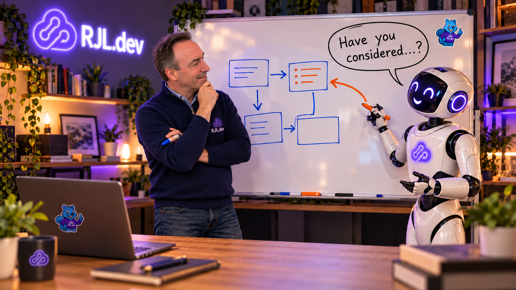 A developer listens as a robot colleague draws a counter-arrow on the whiteboard plan beside a speech bubble asking Have you considered