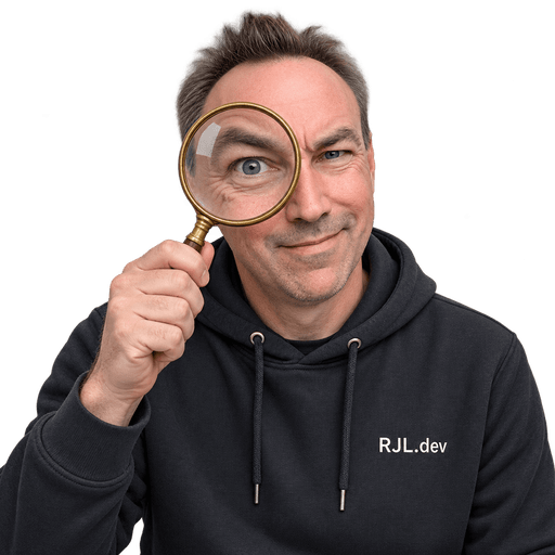 A developer in an RJL.dev hoodie peers through a magnifying glass