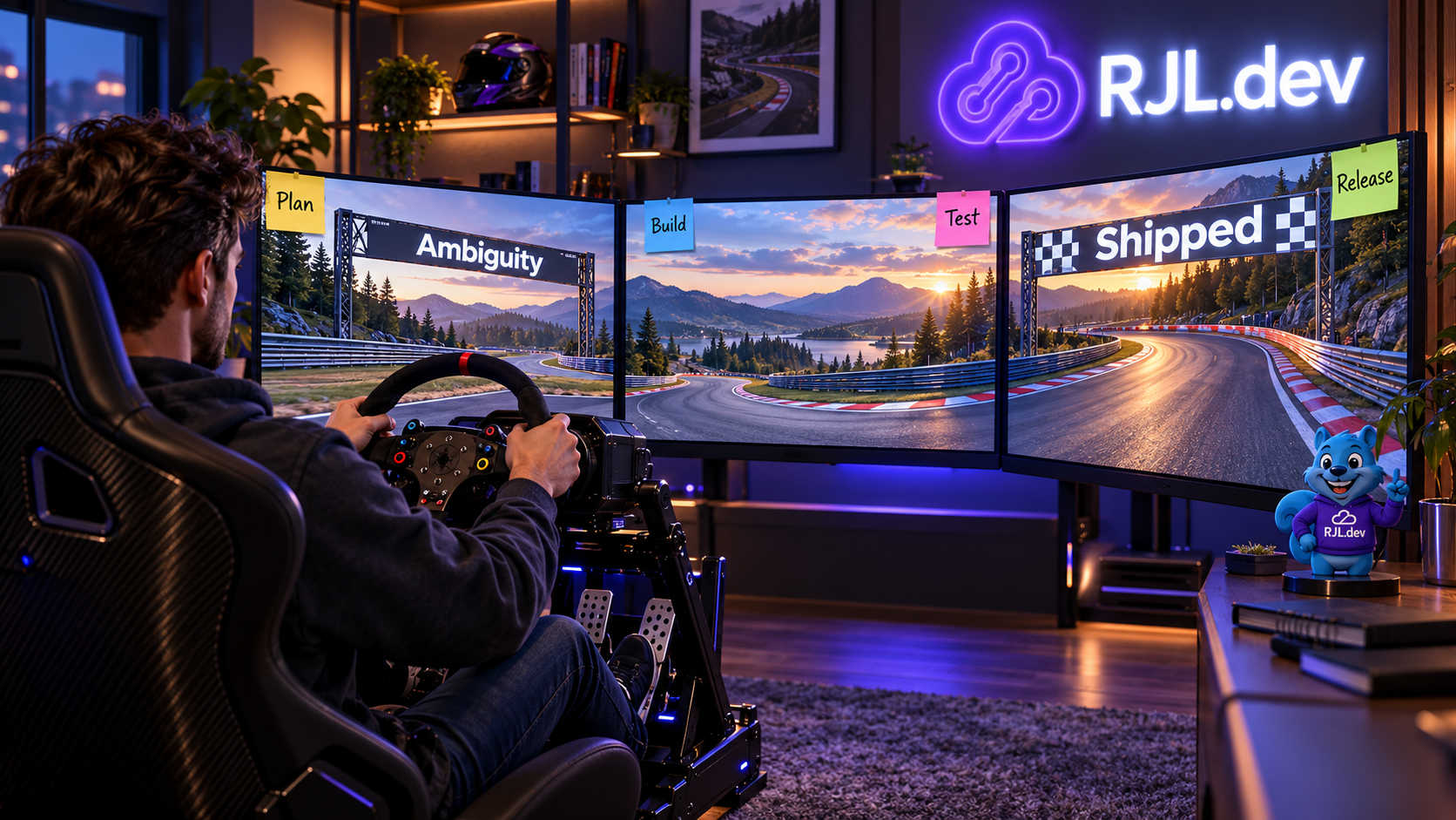 From Ambiguity to Shipped A developer in a racing simulator steers along a track that starts at a banner reading Ambiguity and finishes at one reading Shipped