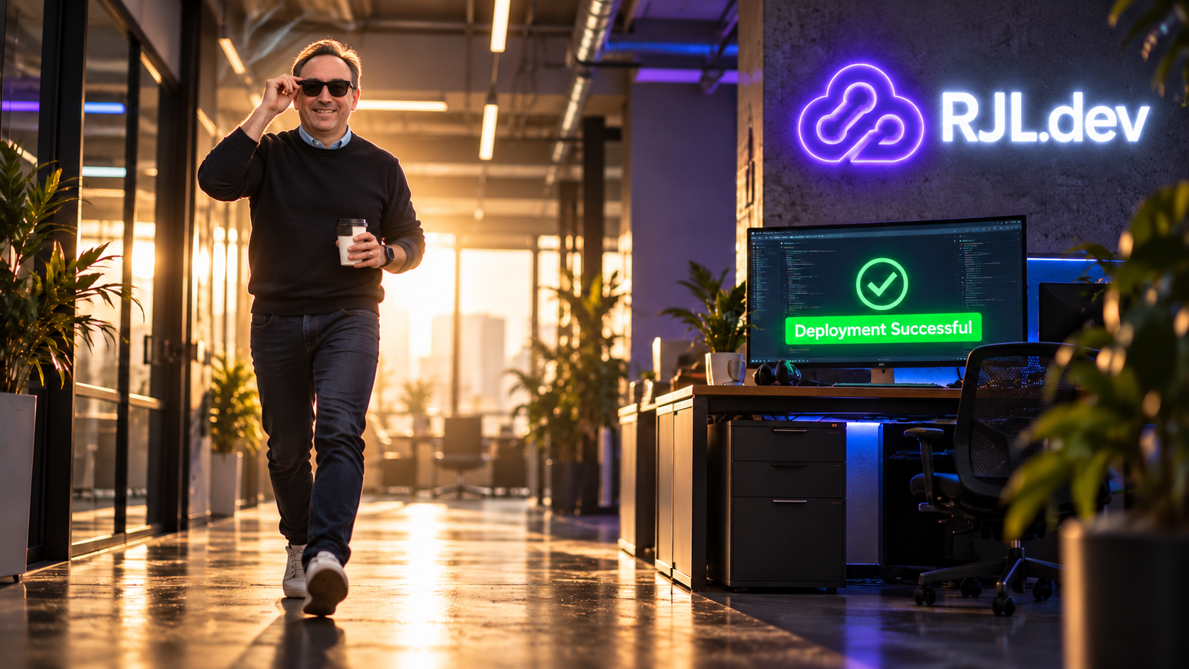 A developer in sunglasses walks away with a coffee from a monitor reading Deployment Successful