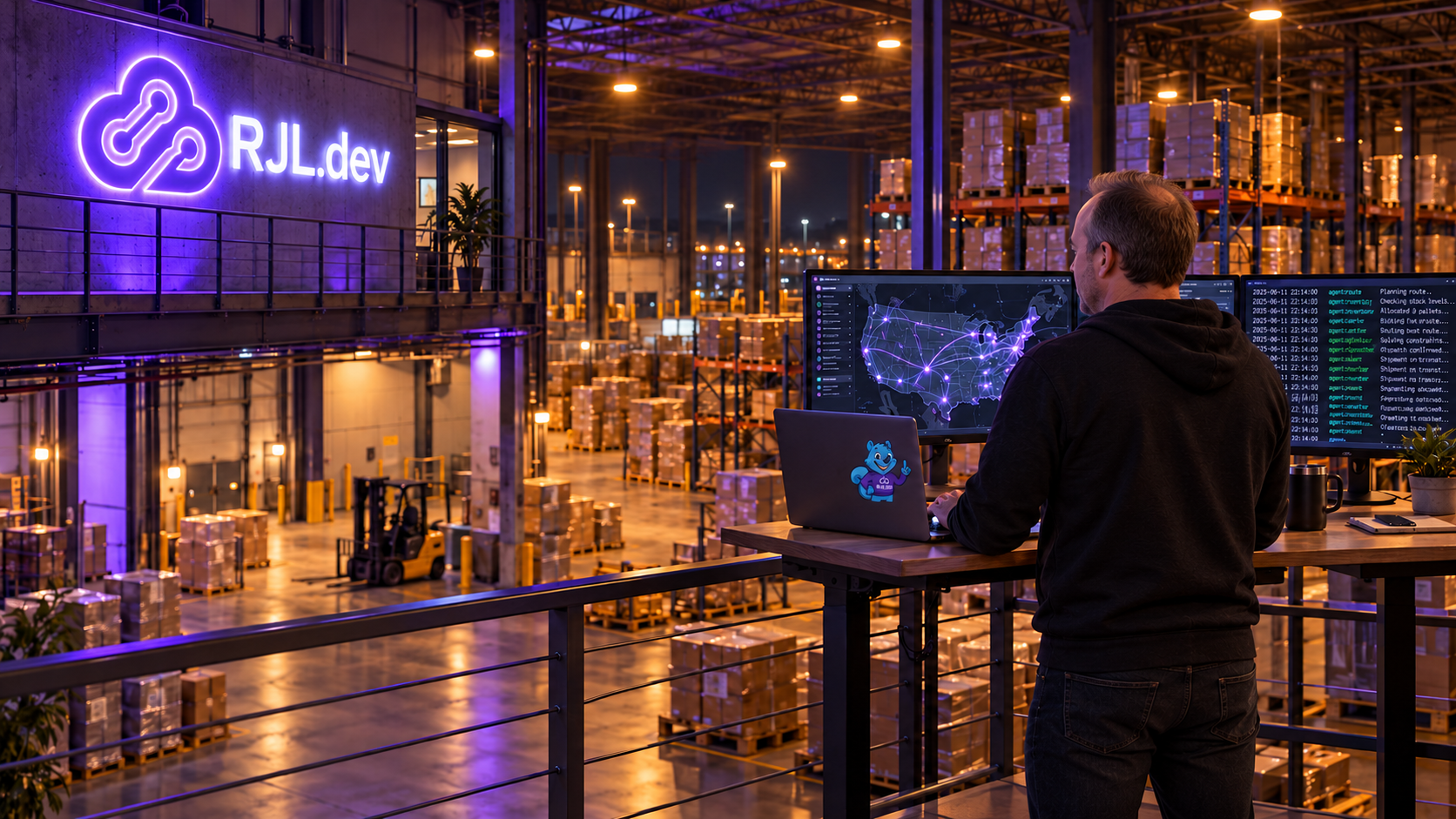 A developer at a standing desk on a warehouse mezzanine at night watches a route map and a stream of agent logs above pallets and a forklift