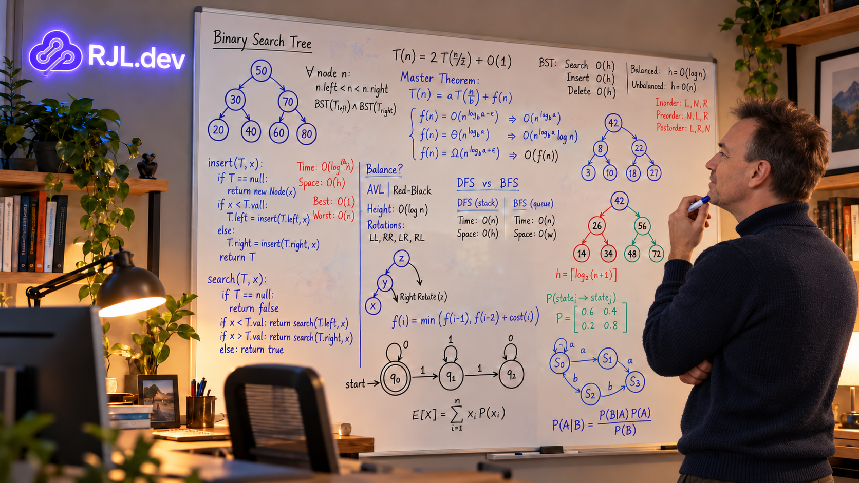A developer studies a whiteboard of binary search trees, the Master Theorem, DFS versus BFS notes, and state machine diagrams